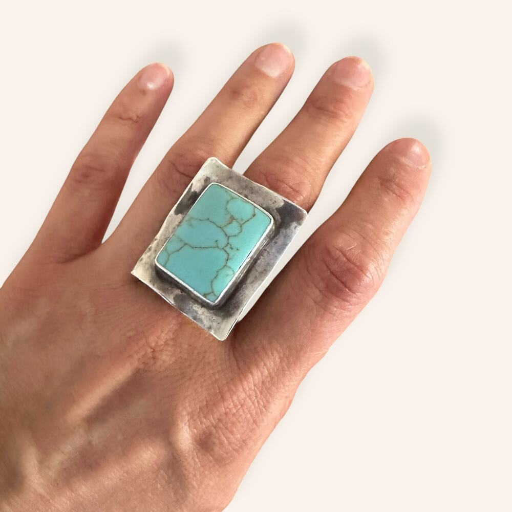 925 Silver Turquoise Statement Ring w/ Adjustable Band size 6-9